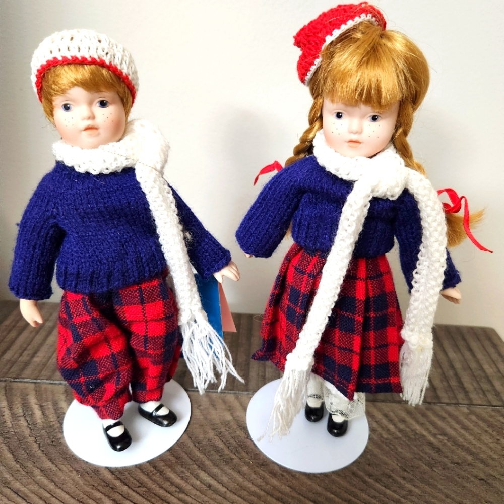 Marian Yu Designs Porcelain Dolls Boy and Girl Plaid Scottish